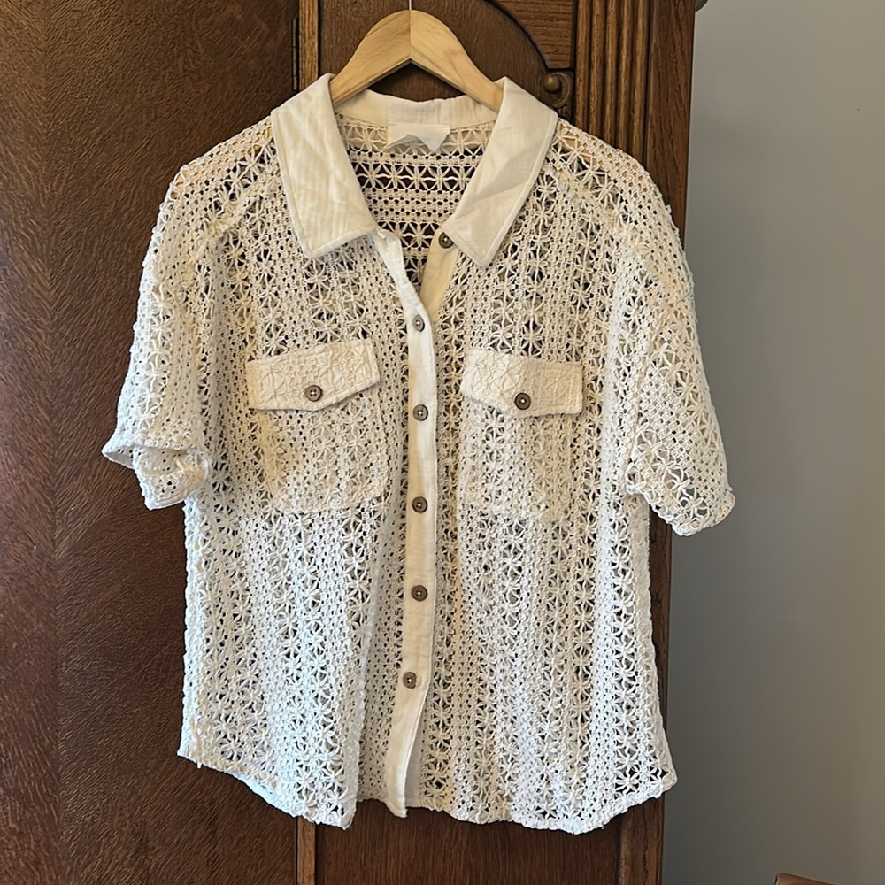 Reign the Label White Crochet Lace Button Down Top